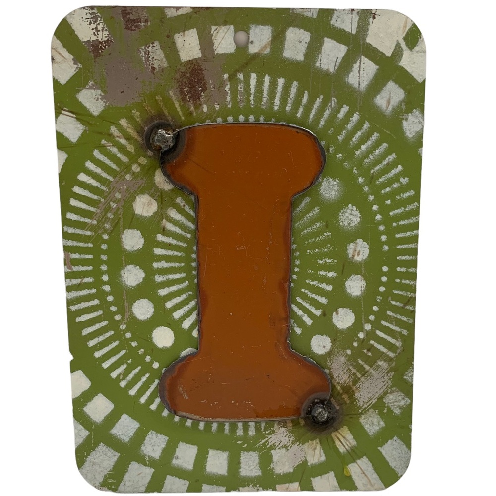 Handcrafted Recycled Metal Letter I Art Sign Green Orange White Paint